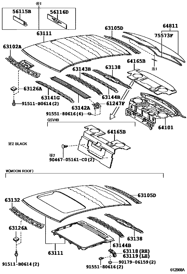 Toyota CAMRY 天窗板和背窗玻璃 EPC diagram — 612568A