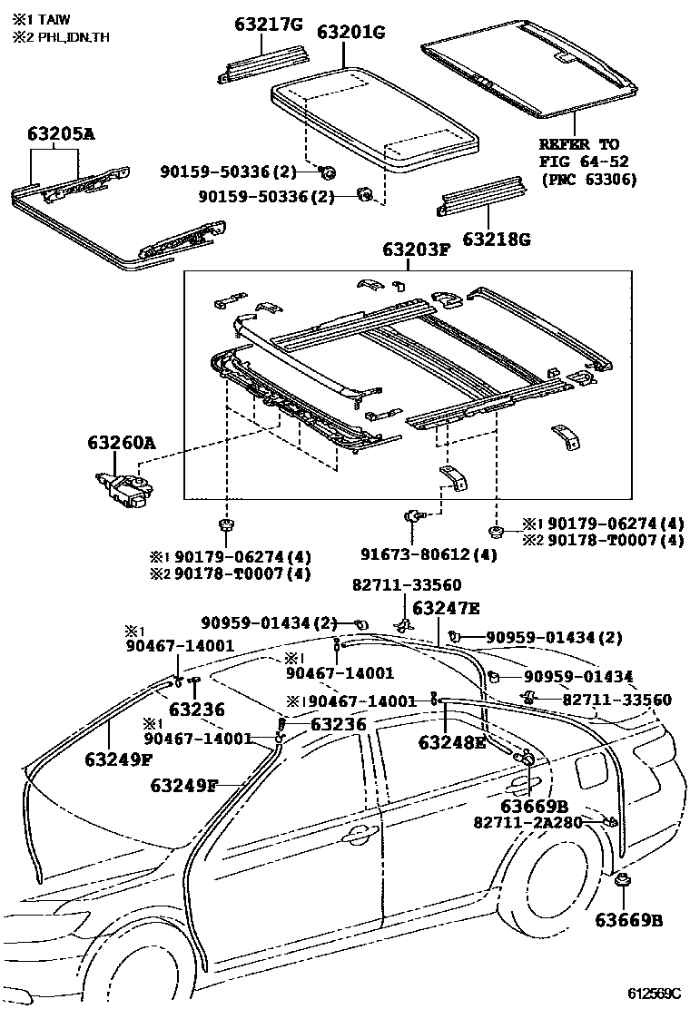 Toyota CAMRY 天窗板和背窗玻璃 EPC diagram — 612569C