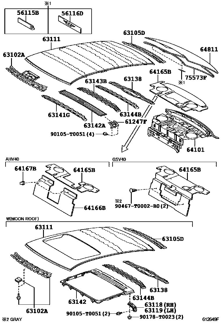 Toyota CAMRY 天窗板和背窗玻璃 EPC diagram — 612649F