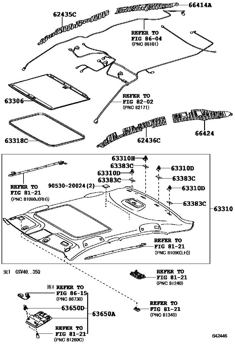 Toyota CAMRY 车顶内衬和消声垫 EPC diagram — 642446
