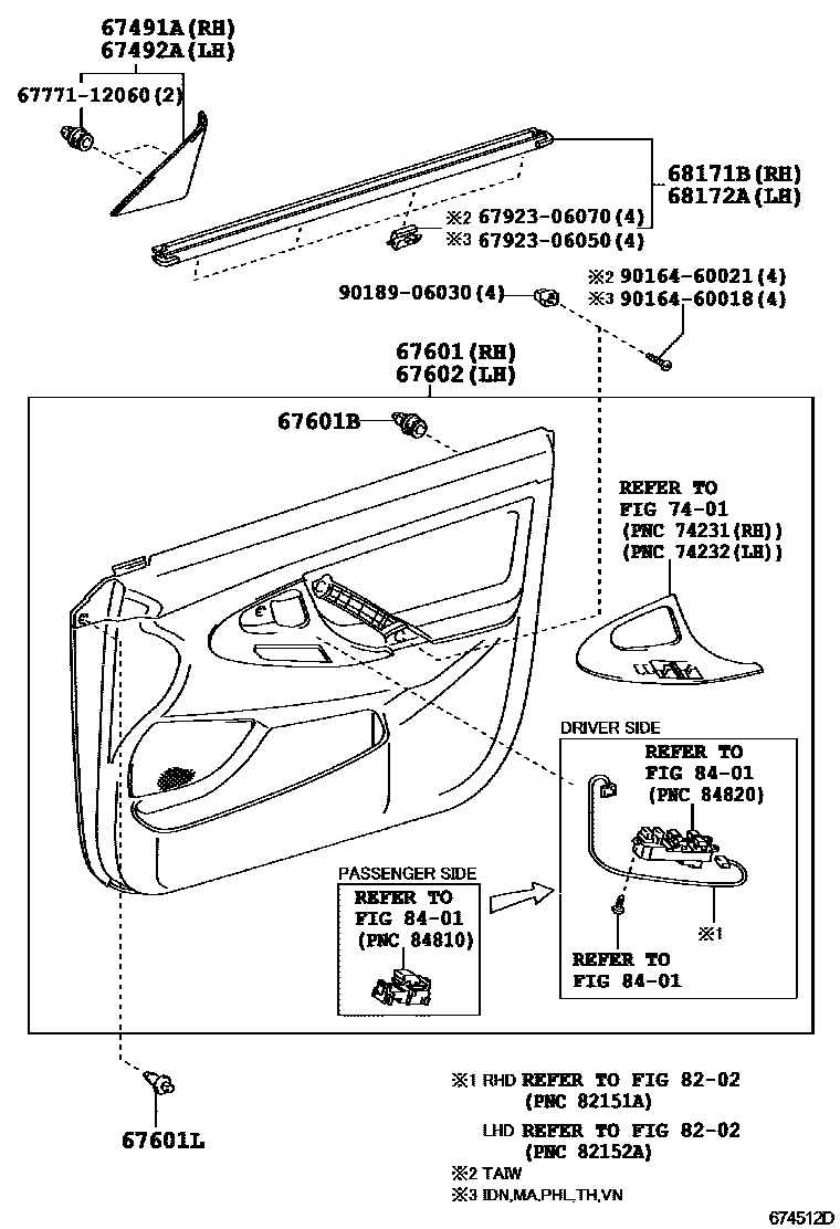 Toyota CAMRY 前门板和前门玻璃 EPC diagram — 674512D