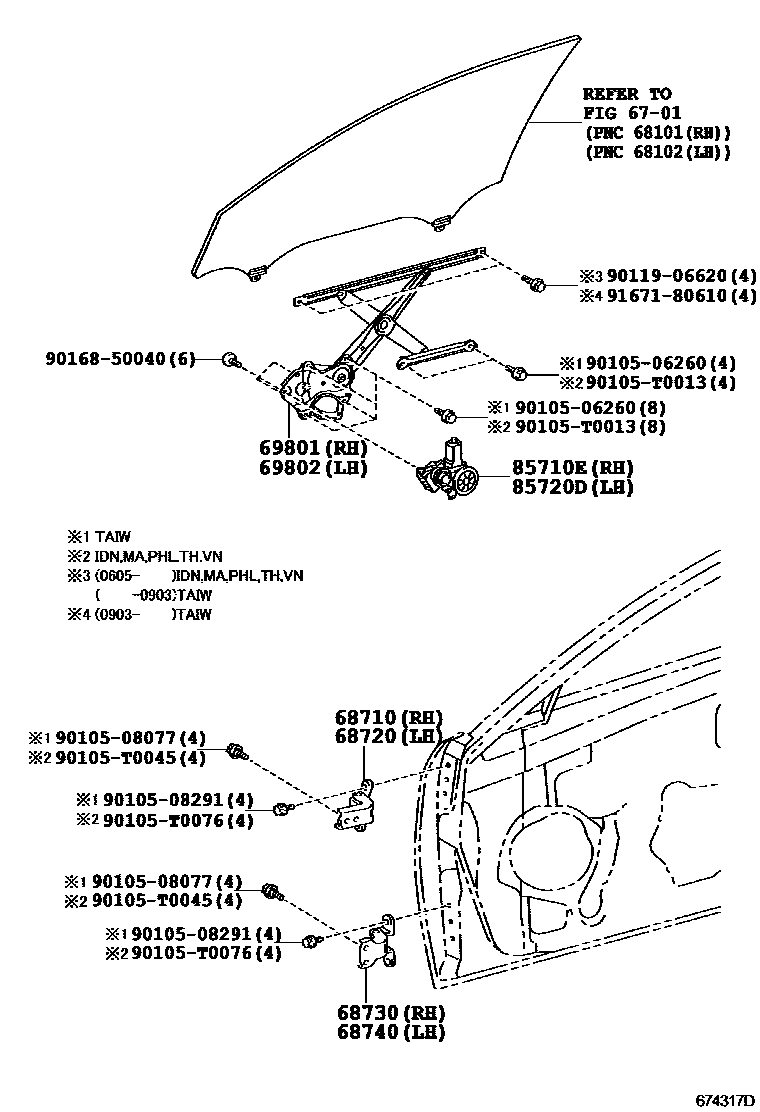 Toyota CAMRY 前门车窗升降器和合页 EPC diagram — 674317D