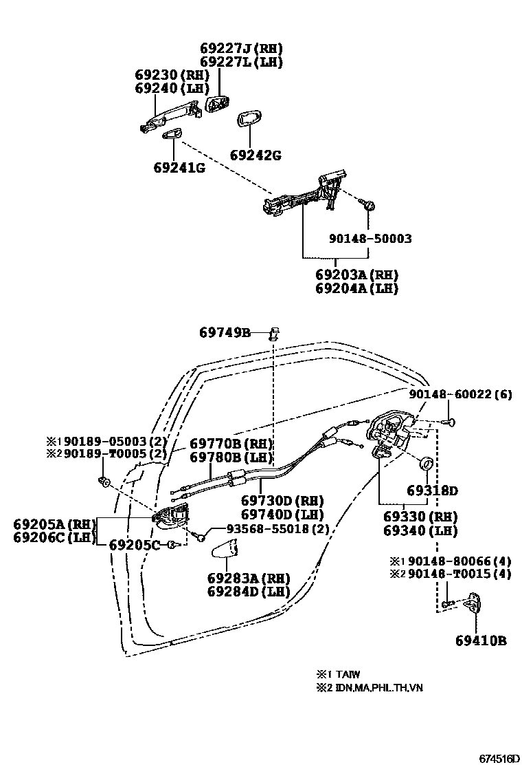 Toyota CAMRY 后门锁和后门把手 EPC diagram — 674516D