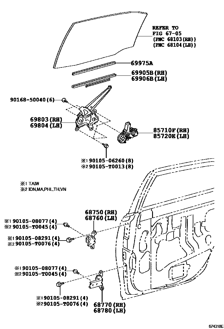 Toyota CAMRY 后门车窗升降器和合页 EPC diagram — 674318E