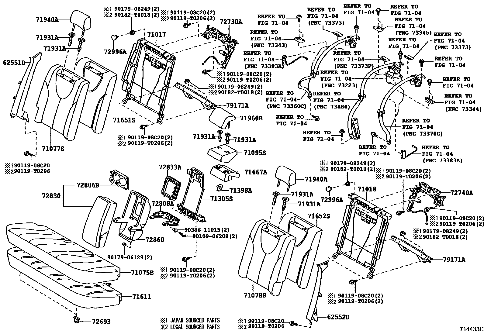 Toyota CAMRY 后排座椅和座椅滑轨 EPC diagram — 714433C