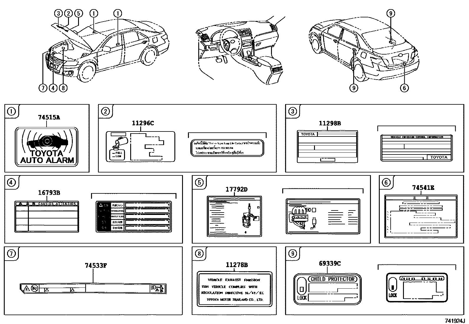 Toyota CAMRY 警示铭牌(车外和车内) EPC diagram — 741924J