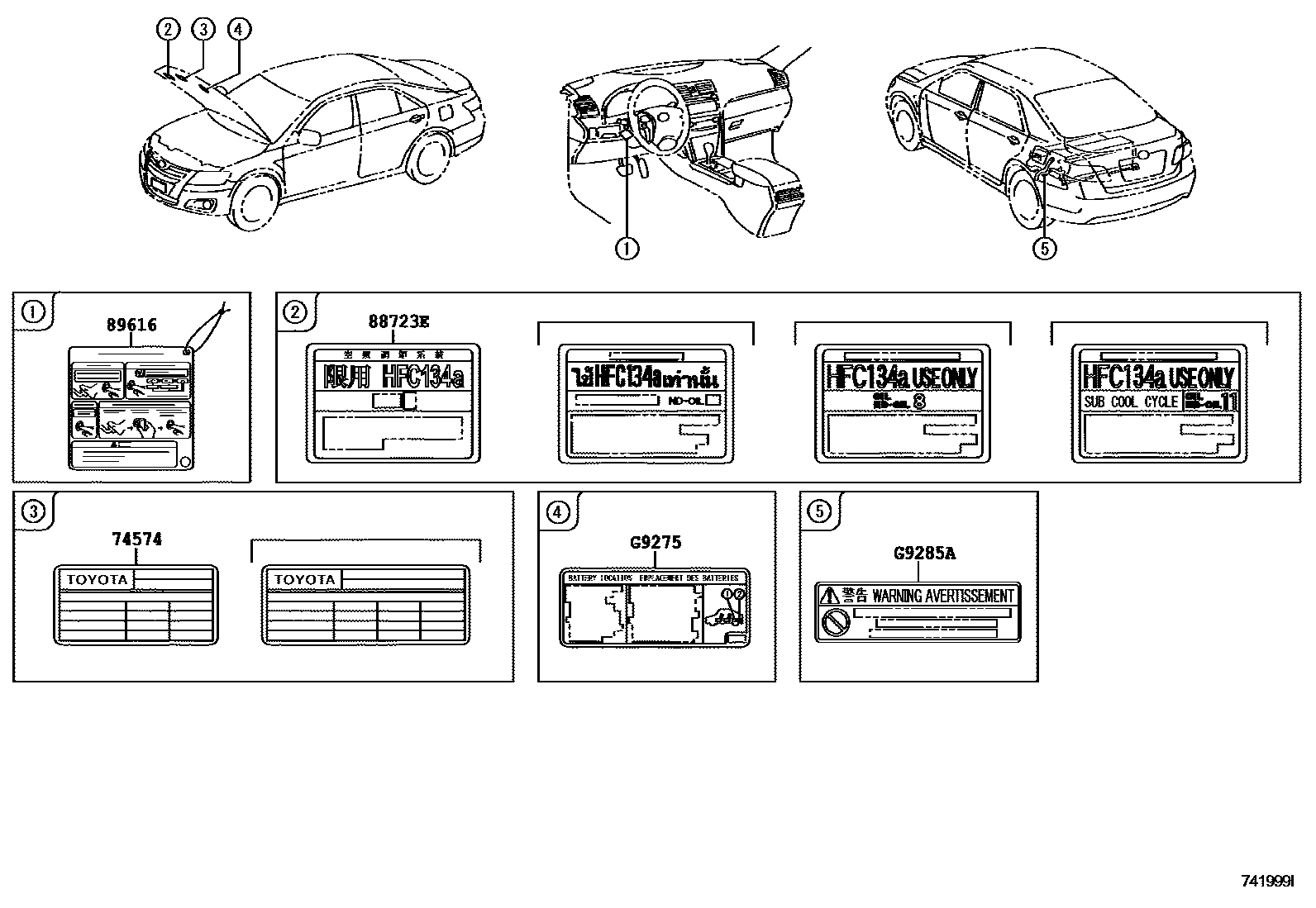 Toyota CAMRY 警示铭牌(车外和车内) EPC diagram — 741999I