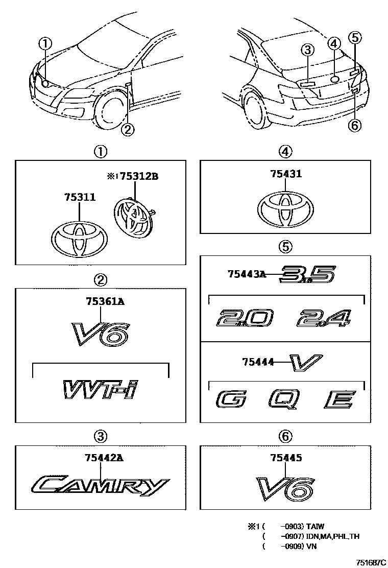 Toyota CAMRY 丰田徽标和铭牌(车外和车内) EPC diagram — 751687C