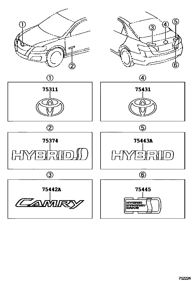 Toyota CAMRY 丰田徽标和铭牌(车外和车内) EPC diagram — 752224