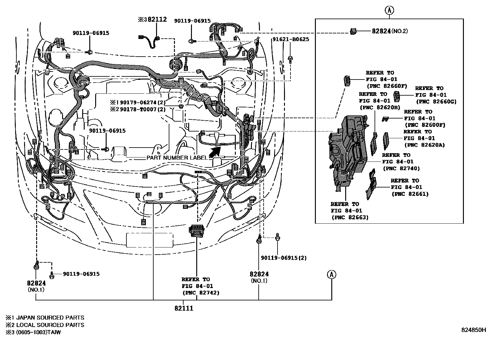 Toyota CAMRY 线束和卡夹 EPC diagram — 824850H