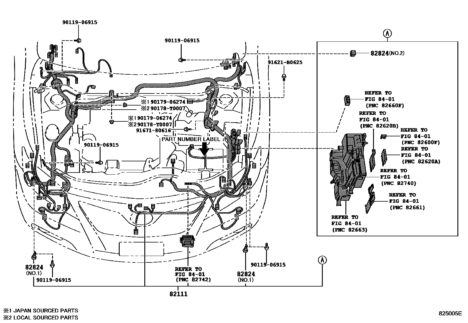 Toyota CAMRY 线束和卡夹 EPC diagram — 825005E