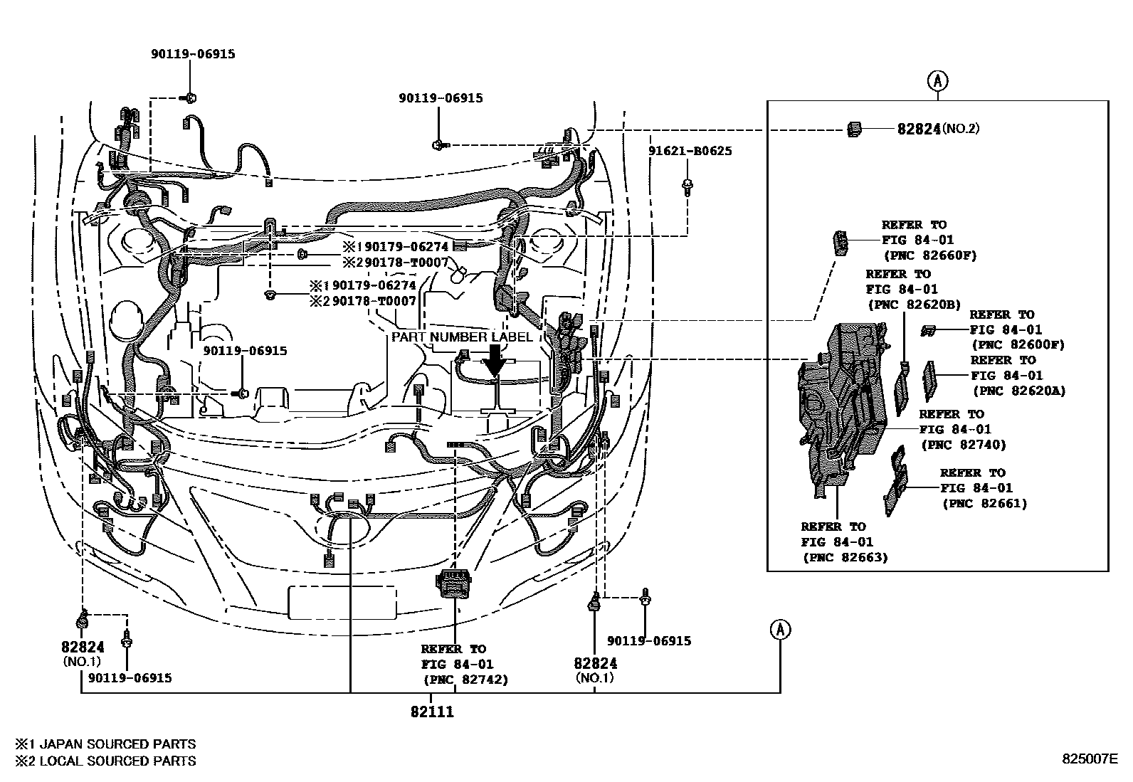 Toyota CAMRY 线束和卡夹 EPC diagram — 825007E