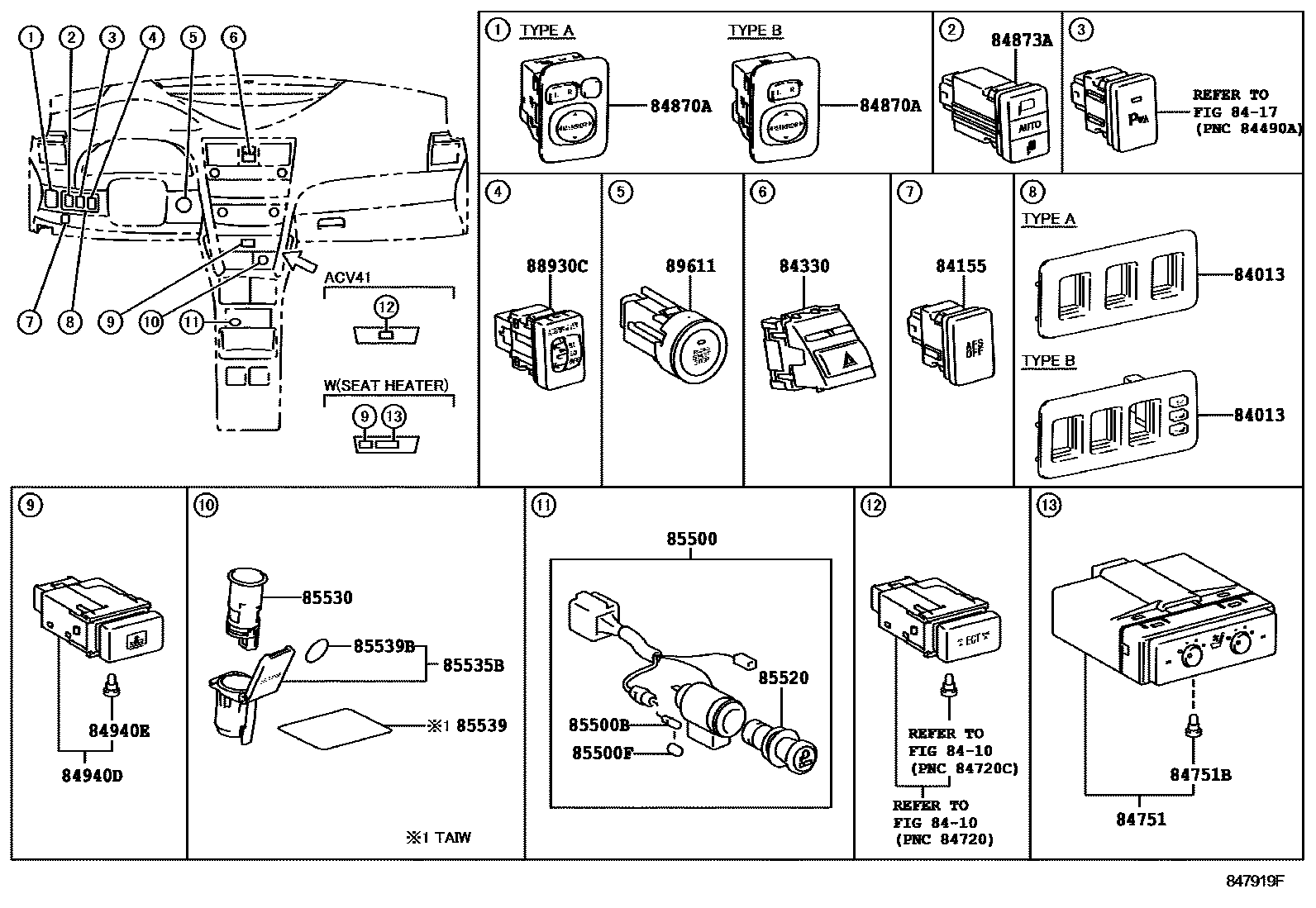 Toyota CAMRY 开关和继电器和ECU EPC diagram — 847919F
