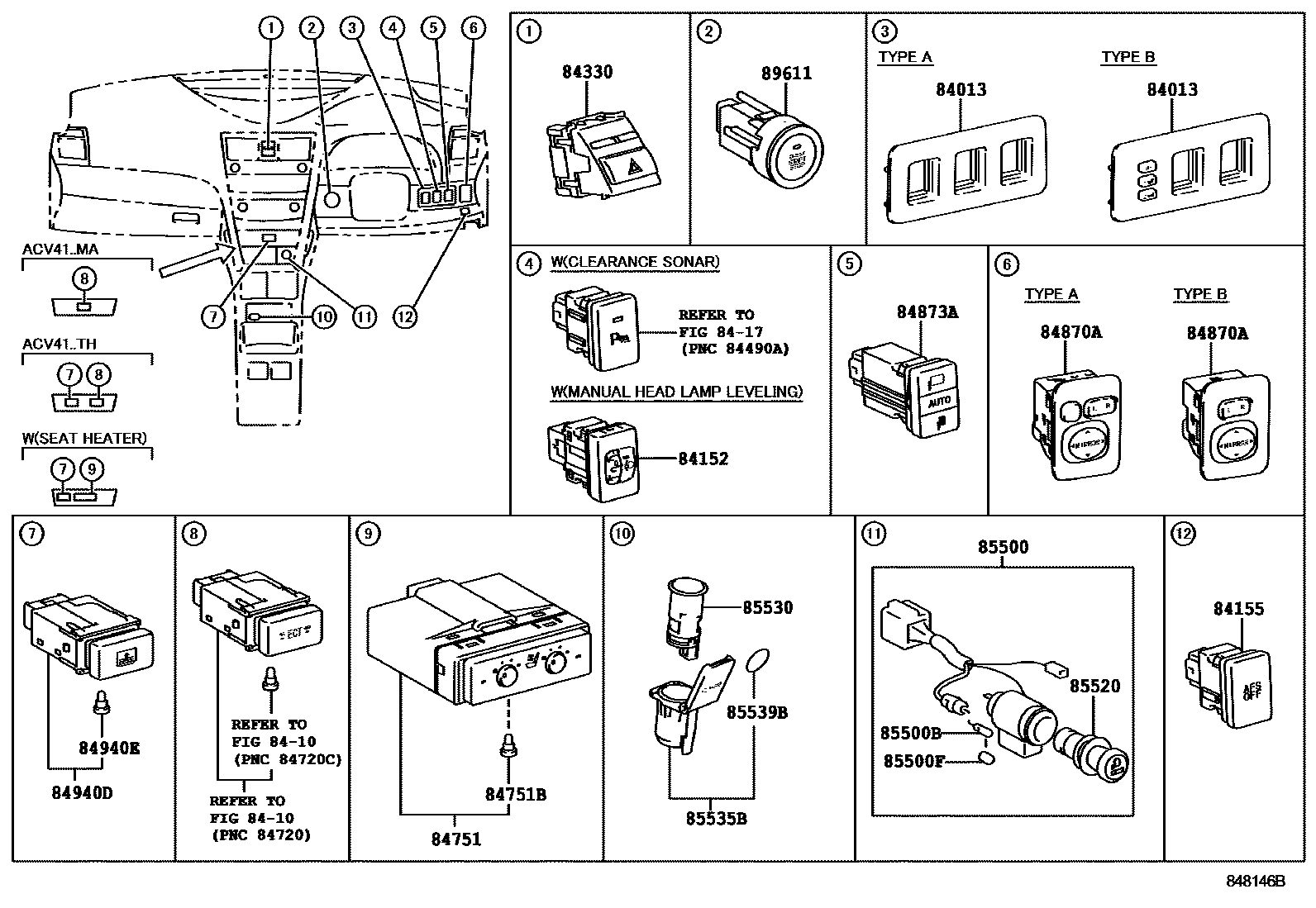 Toyota CAMRY 开关和继电器和ECU EPC diagram — 848146B
