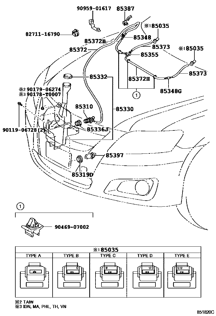 Toyota CAMRY 挡风玻璃清洗器 EPC diagram — 851820C