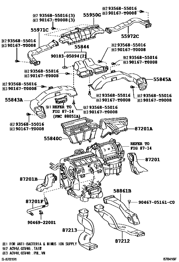 Toyota CAMRY 暖风和空调系统 - 控制器和风管 EPC diagram — 878416F