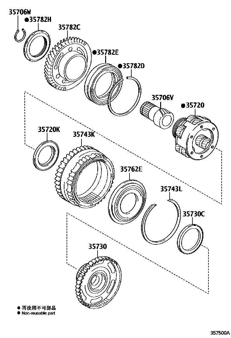 Toyota CAMRY 行星齿轮、倒档活塞和中间轴齿轮(ATM) EPC diagram — 357500A