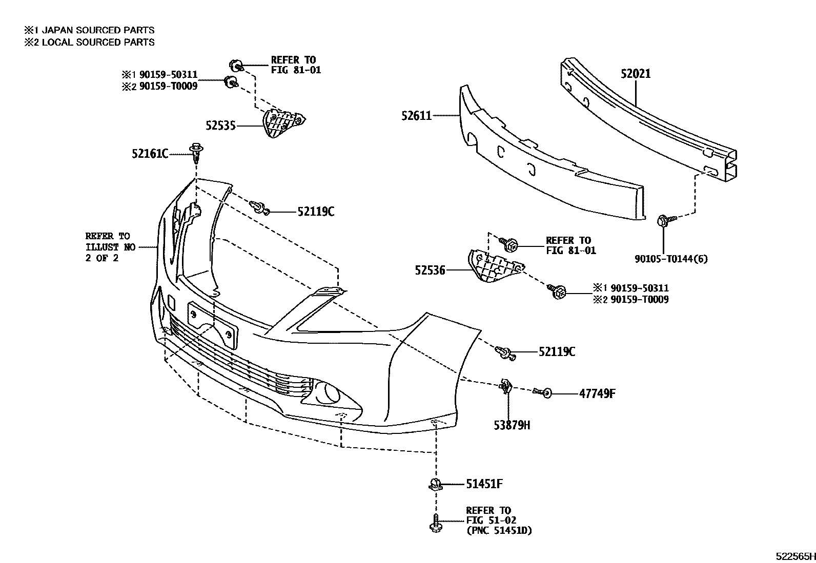 Toyota CAMRY 前保险杠及附件 EPC diagram — 522565H