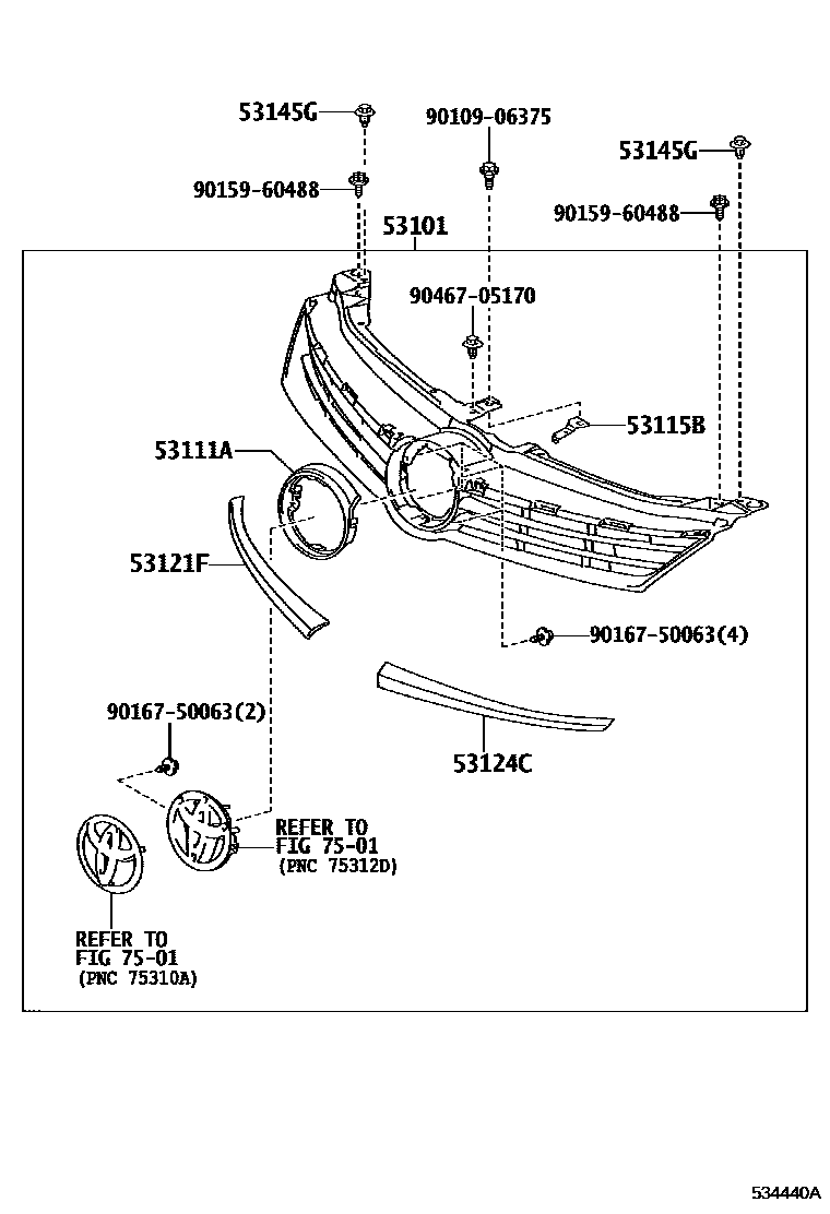 Toyota CAMRY radiator grille EPC diagram — 534440A