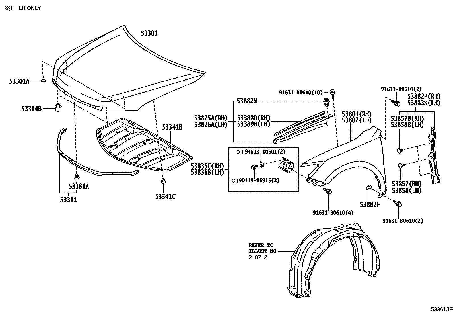 Toyota CAMRY 发动机盖和前翼子板 EPC diagram — 533613F