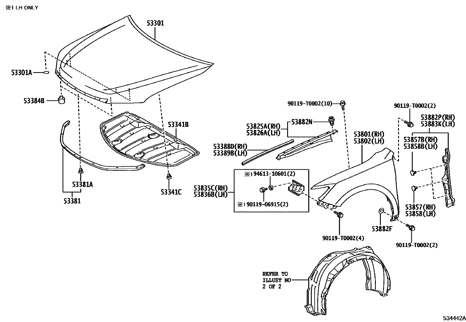 Toyota CAMRY 发动机盖和前翼子板 EPC diagram — 534442A