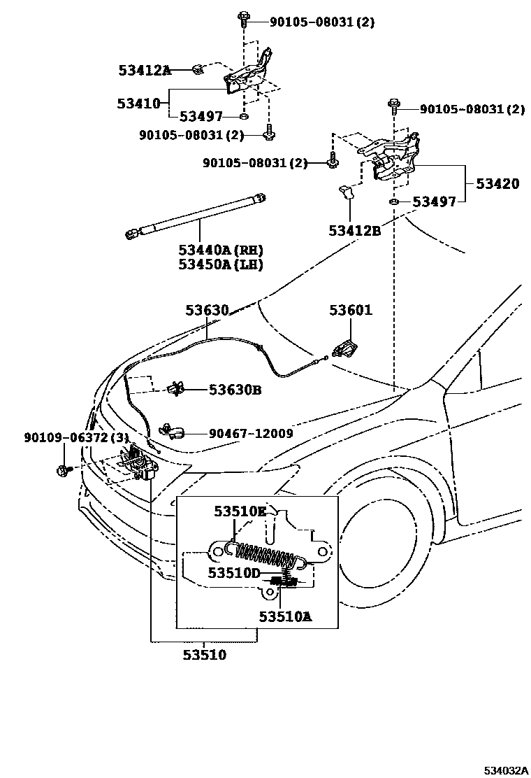 Toyota CAMRY 发动机盖锁和铰链 EPC diagram — 534032A
