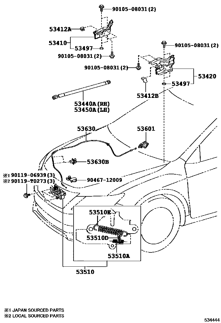 Toyota CAMRY 发动机盖锁和铰链 EPC diagram — 534444