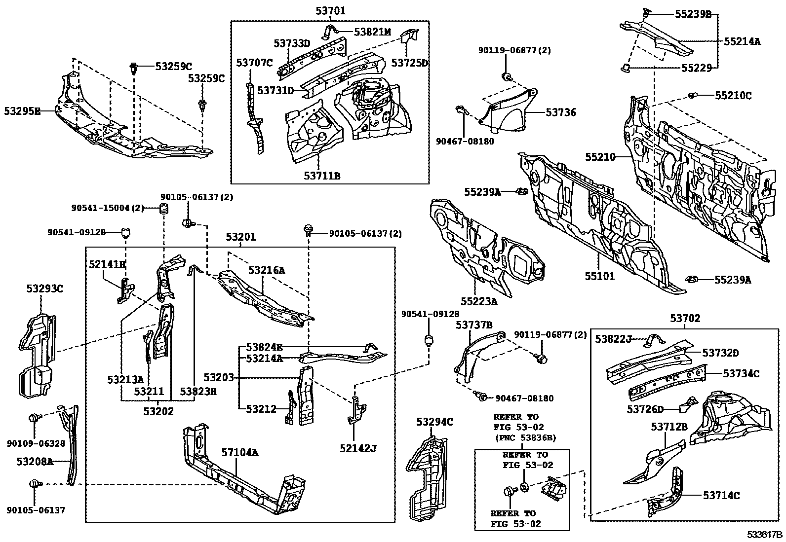Toyota CAMRY 前翼子板挡泥板和前围板 EPC diagram — 533617B