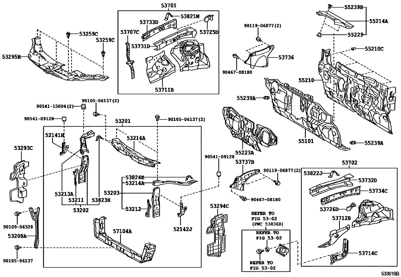 Toyota CAMRY 前翼子板挡泥板和前围板 EPC diagram — 533618B