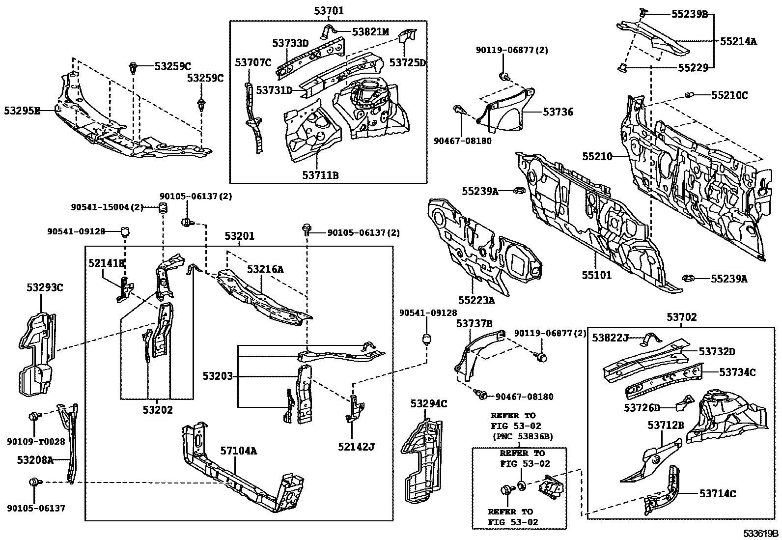Toyota CAMRY 前翼子板挡泥板和前围板 EPC diagram — 533619B