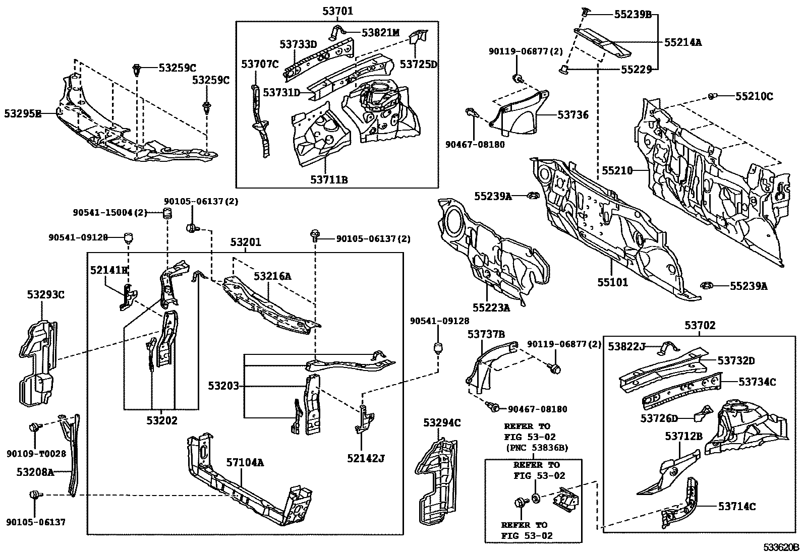 Toyota CAMRY 前翼子板挡泥板和前围板 EPC diagram — 533620B