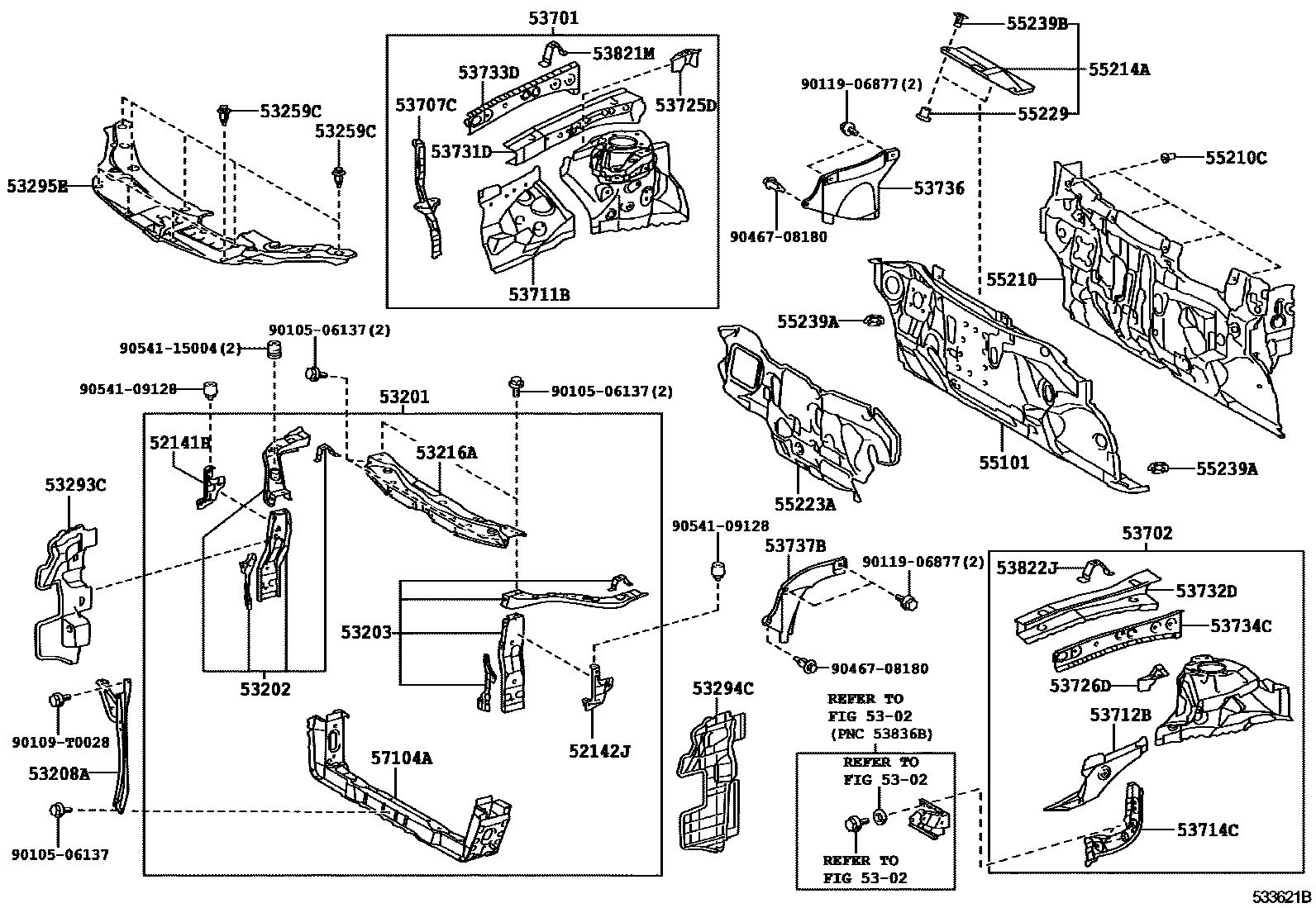 Toyota CAMRY 前翼子板挡泥板和前围板 EPC diagram — 533621B