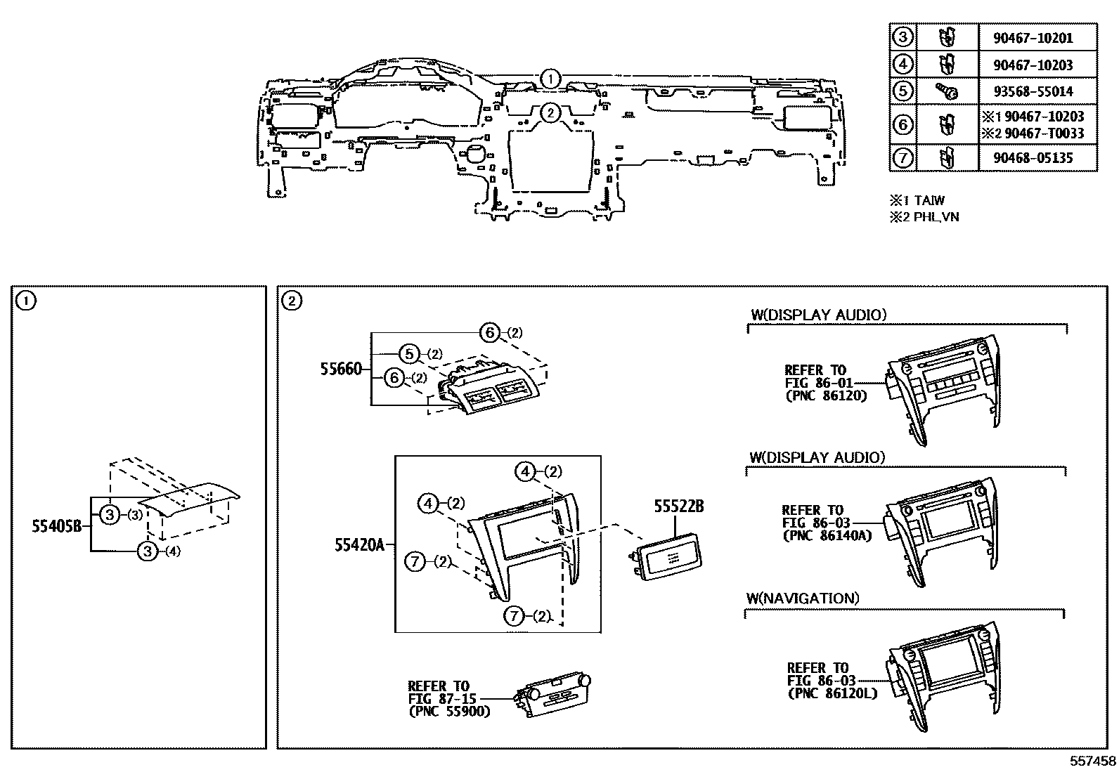 Toyota CAMRY 仪表板和手套箱 EPC diagram — 557458