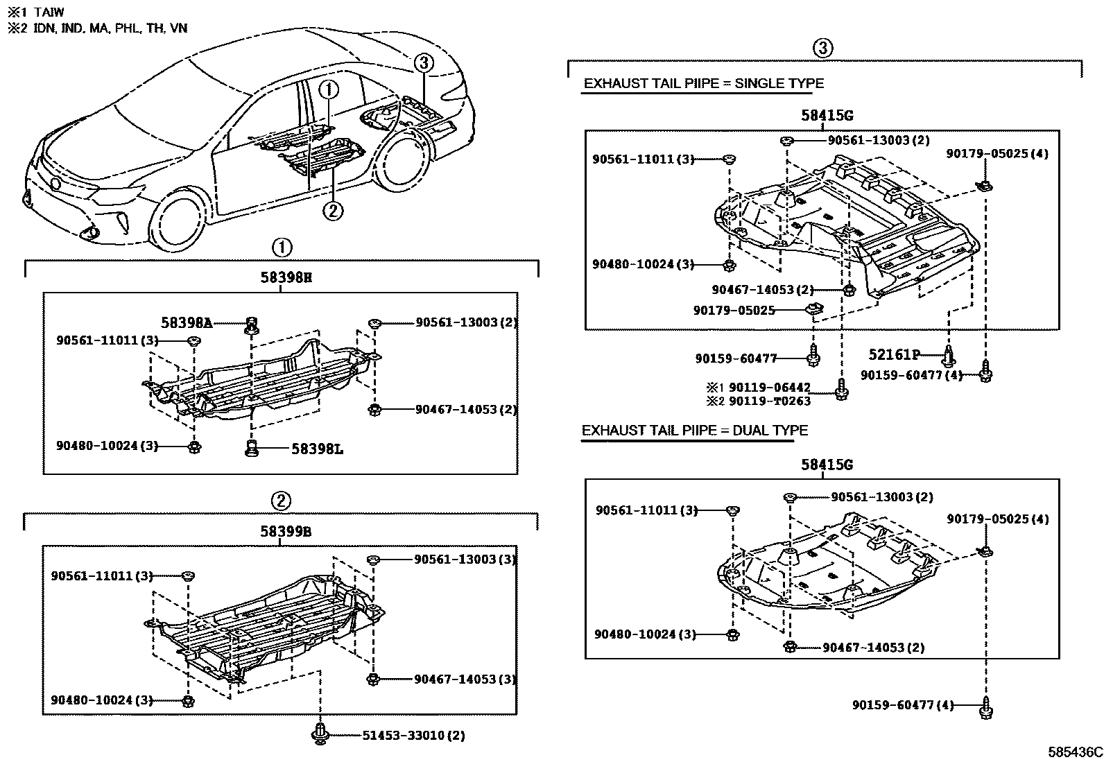 Toyota CAMRY 浅盘形地板和车身下背板 EPC diagram — 585436C