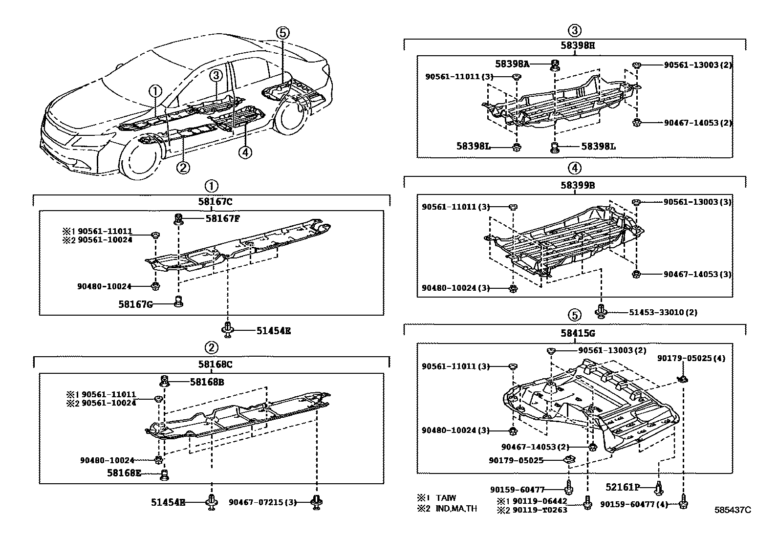 Toyota CAMRY 浅盘形地板和车身下背板 EPC diagram — 585437C