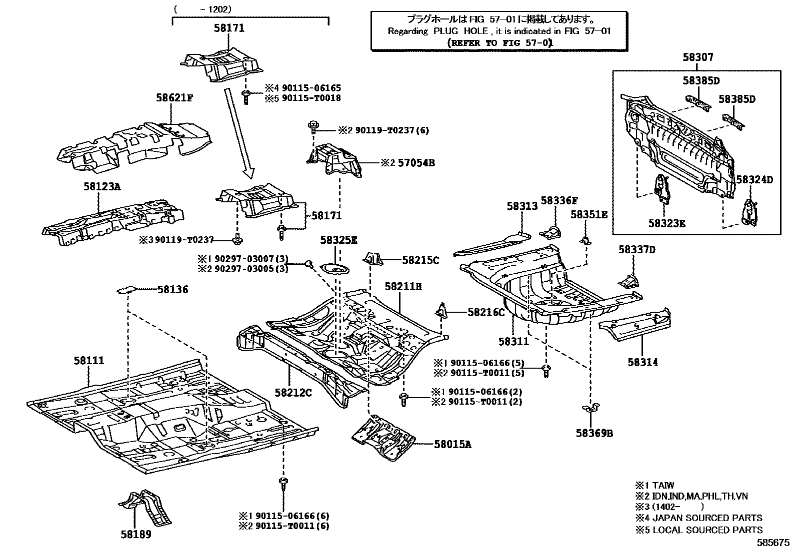 Toyota CAMRY 浅盘形地板和车身下背板 EPC diagram — 585675