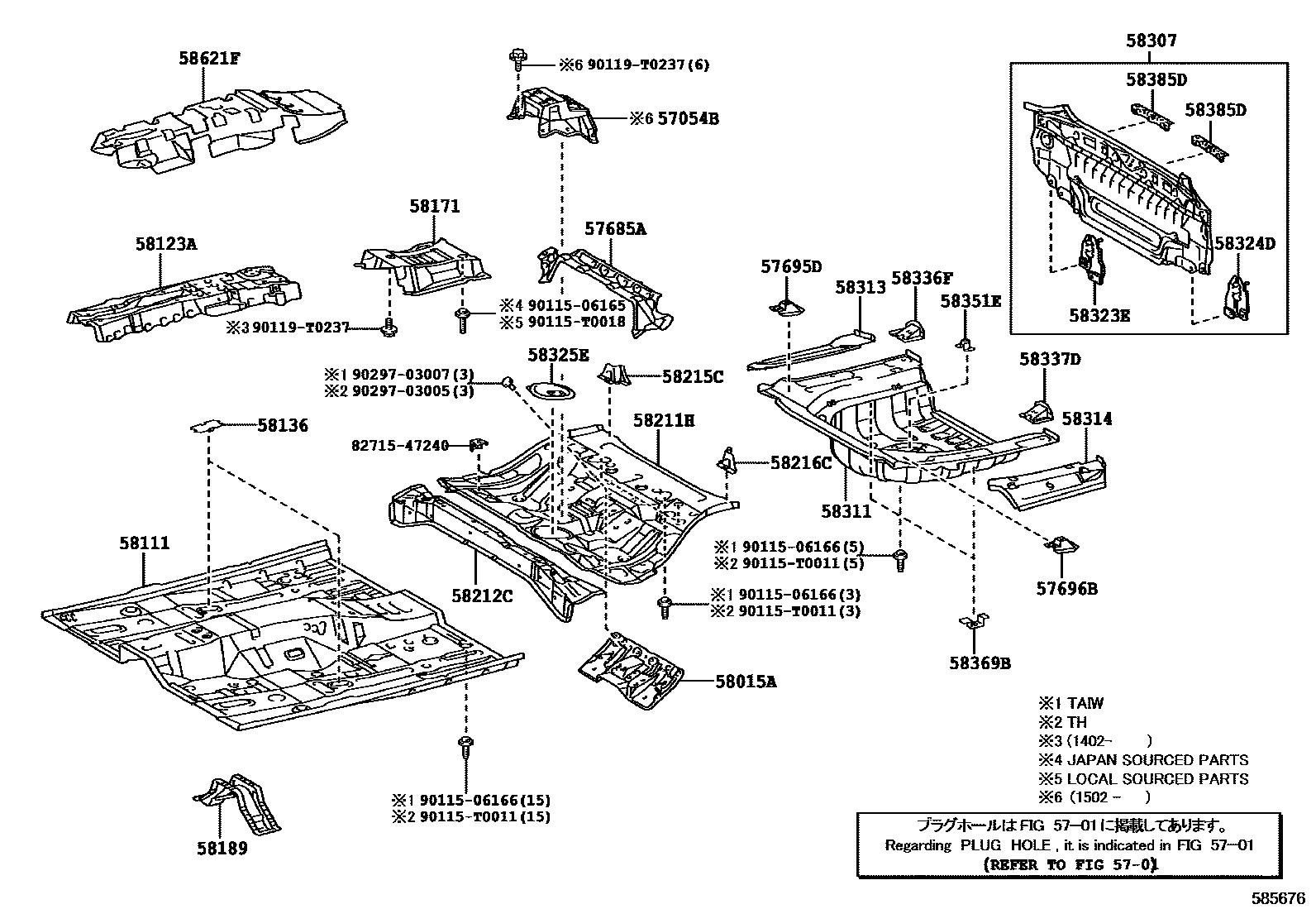 Toyota CAMRY 浅盘形地板和车身下背板 EPC diagram — 585676