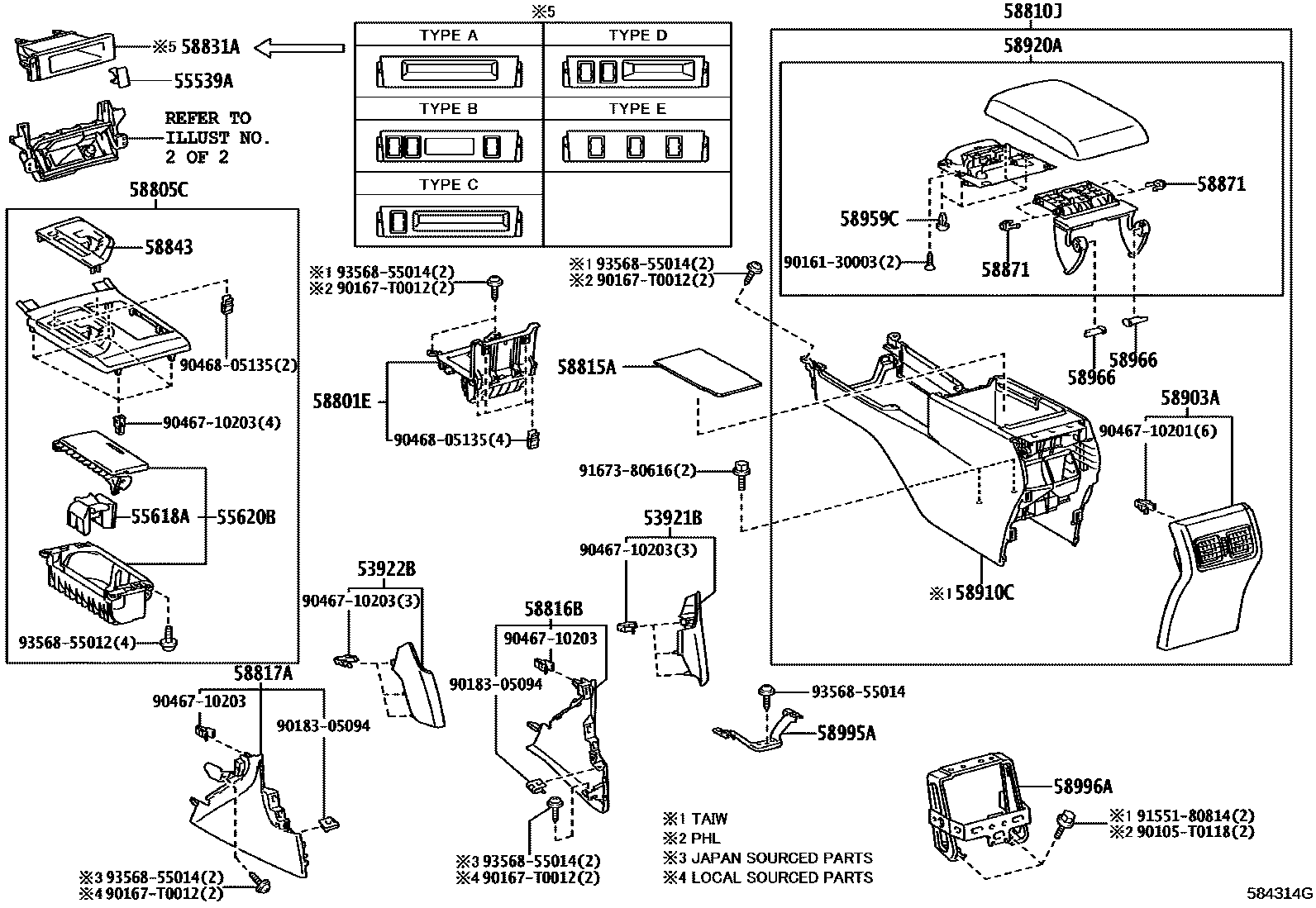 Toyota CAMRY 中央扶手箱和支架 EPC diagram — 584314G