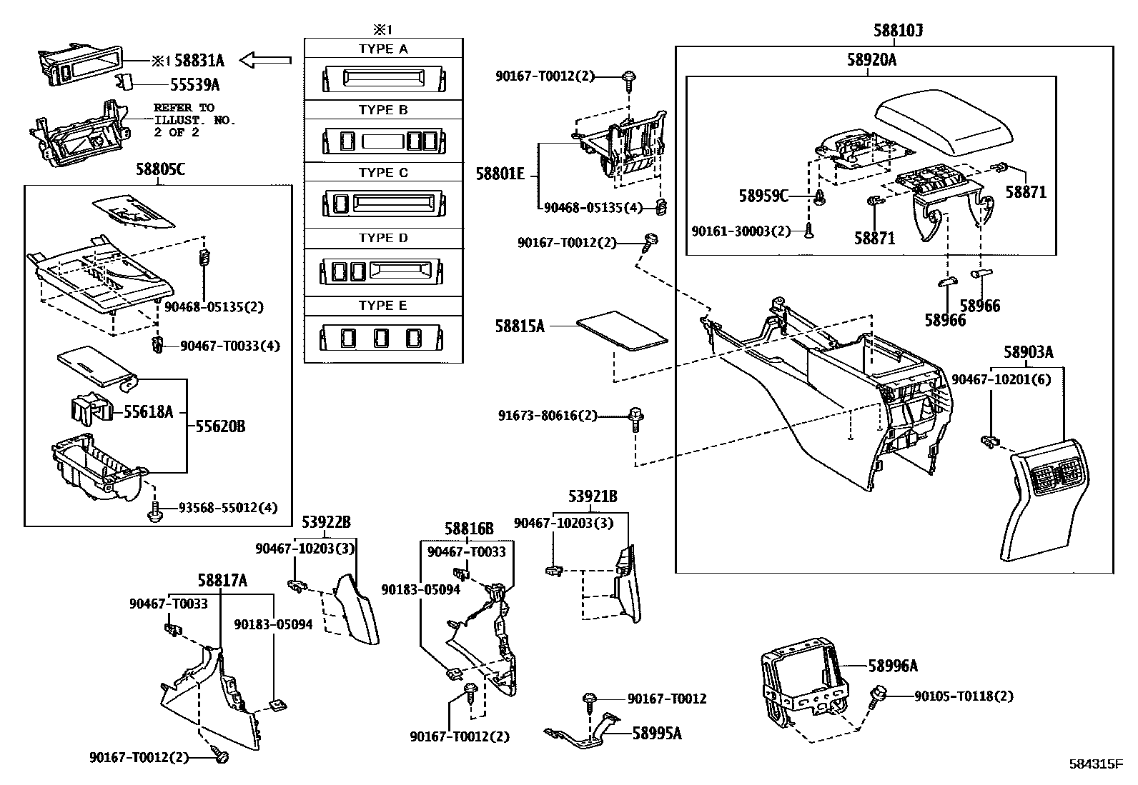 Toyota CAMRY 中央扶手箱和支架 EPC diagram — 584315F