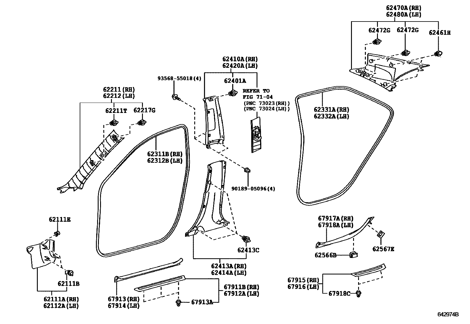 Toyota CAMRY 内饰板和车门防水胶条 EPC diagram — 642974B