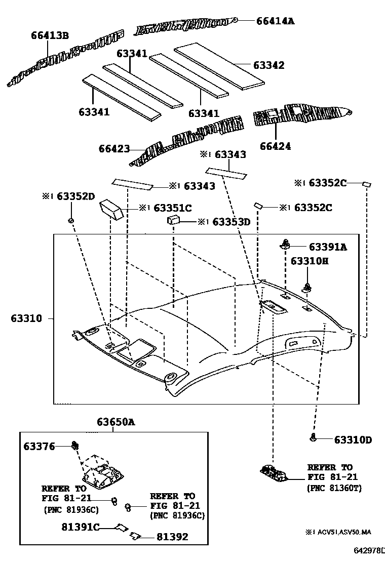 Toyota CAMRY 车顶内衬和消声垫 EPC diagram — 642978D