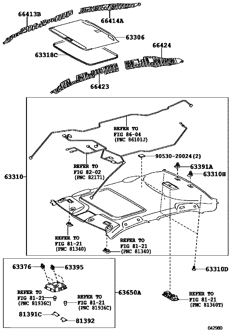 Toyota CAMRY 车顶内衬和消声垫 EPC diagram — 642980