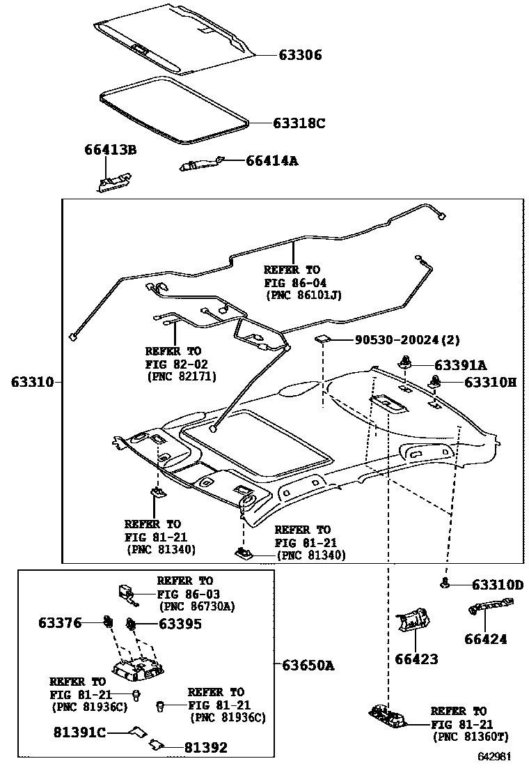 Toyota CAMRY 车顶内衬和消声垫 EPC diagram — 642981