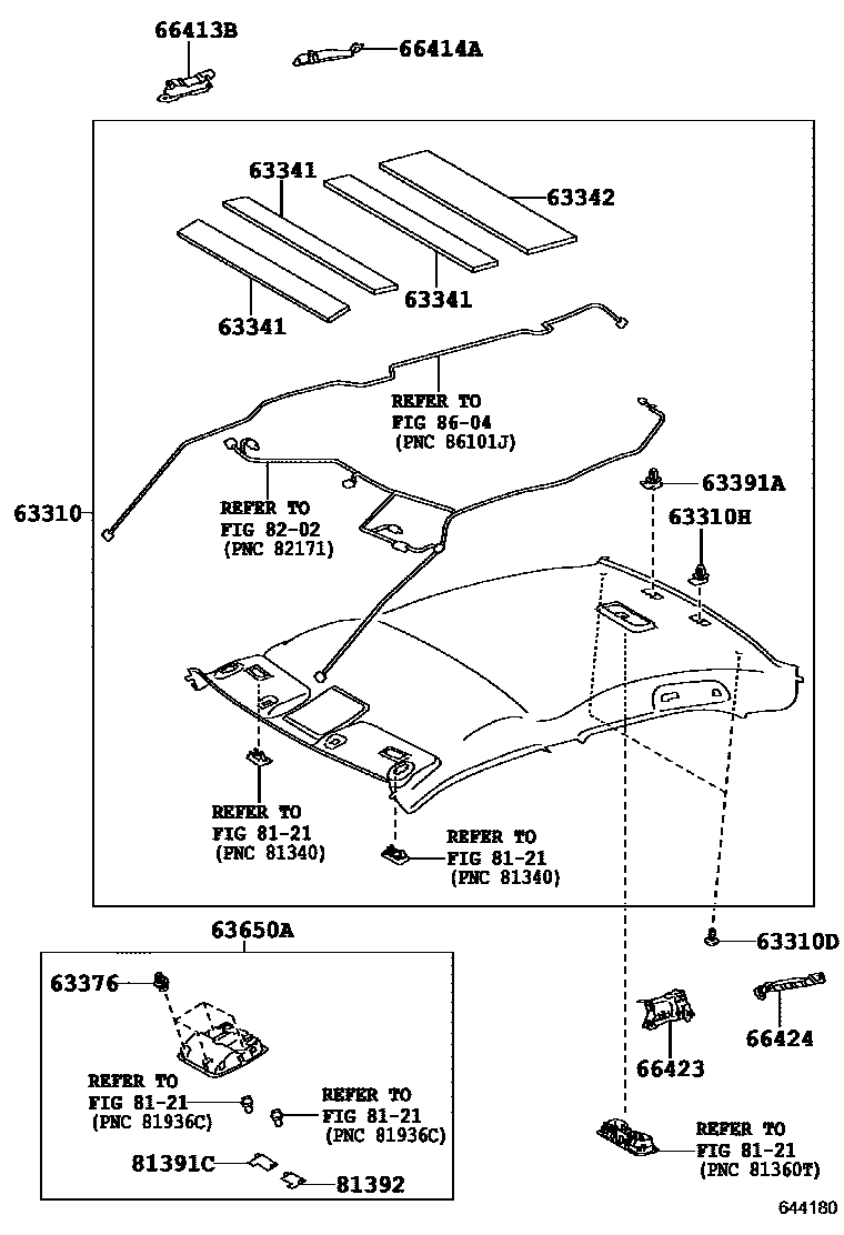 Toyota CAMRY 车顶内衬和消声垫 EPC diagram — 644180