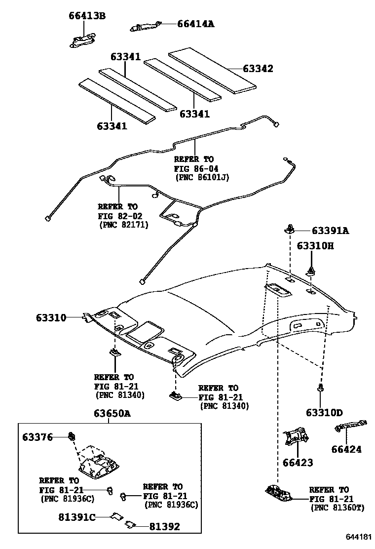 Toyota CAMRY 车顶内衬和消声垫 EPC diagram — 644181