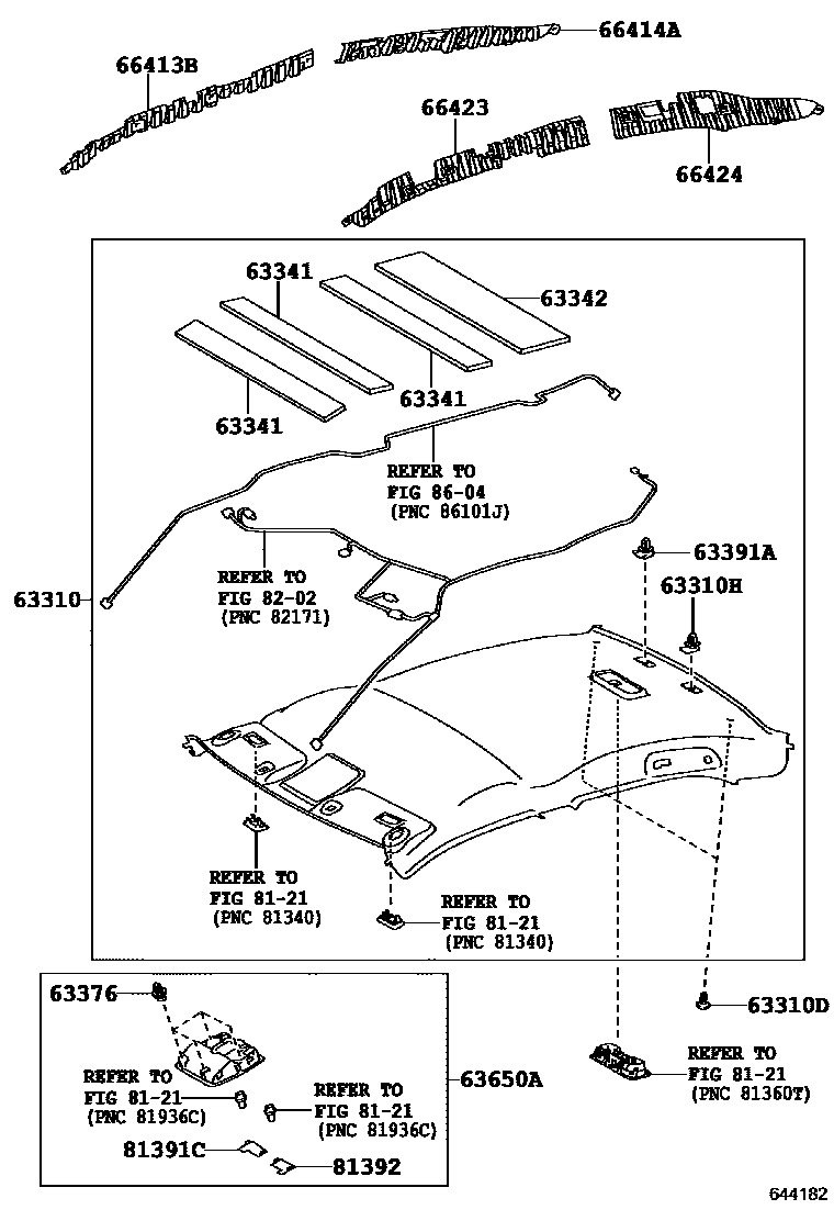 Toyota CAMRY 车顶内衬和消声垫 EPC diagram — 644182