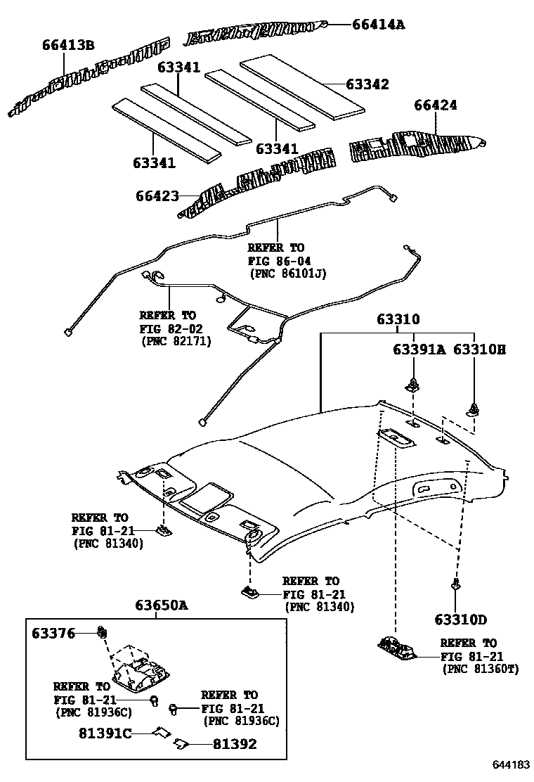 Toyota CAMRY 车顶内衬和消声垫 EPC diagram — 644183