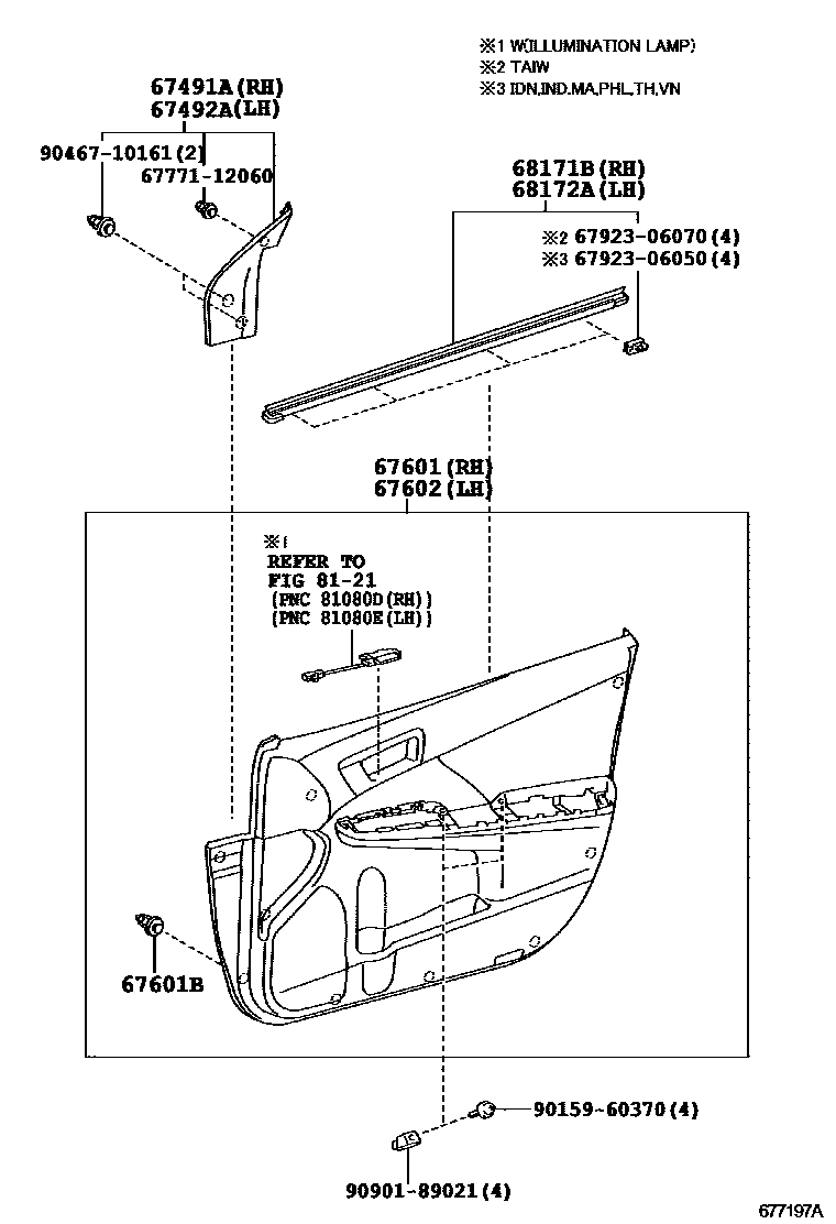 Toyota CAMRY 前门板和前门玻璃 EPC diagram — 677197A