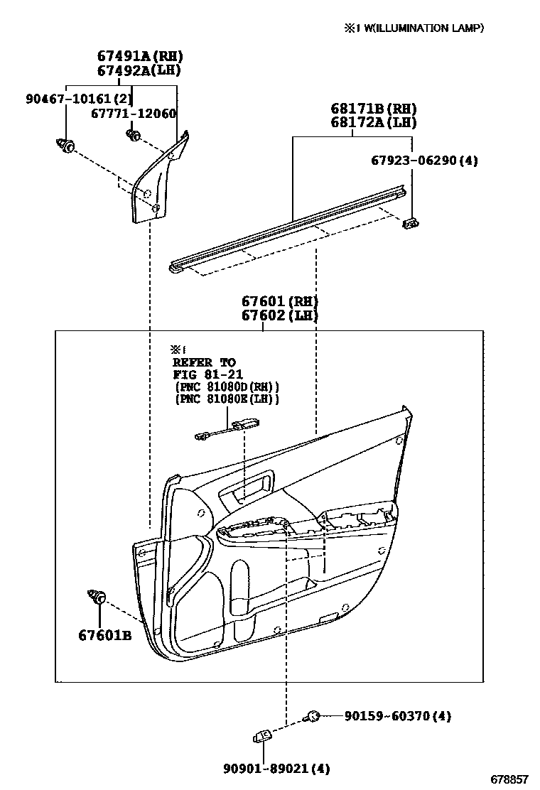 Toyota CAMRY 前门板和前门玻璃 EPC diagram — 678857