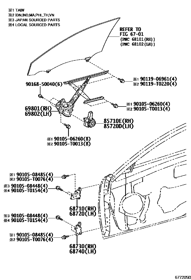 Toyota CAMRY 前门车窗升降器和合页 EPC diagram — 677205D